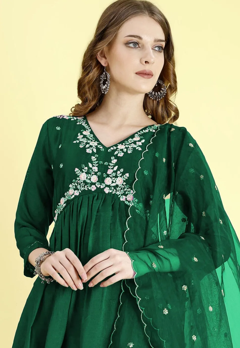 Embroidered Art Silk A Line Suit in Green