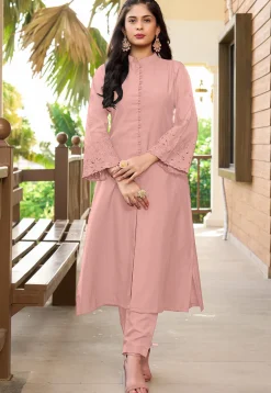 Embroidered Art Silk A Line Kurta in Peach