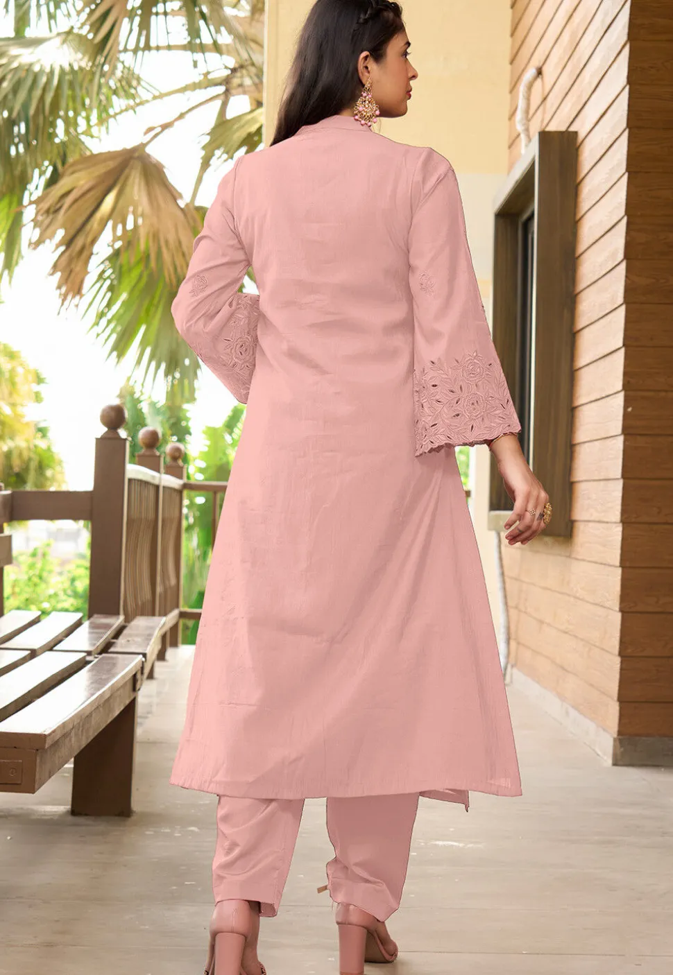 Embroidered Art Silk A Line Kurta in Peach
