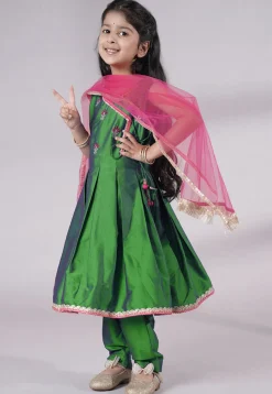 Embroidered Art Silk A Line Suit in Green