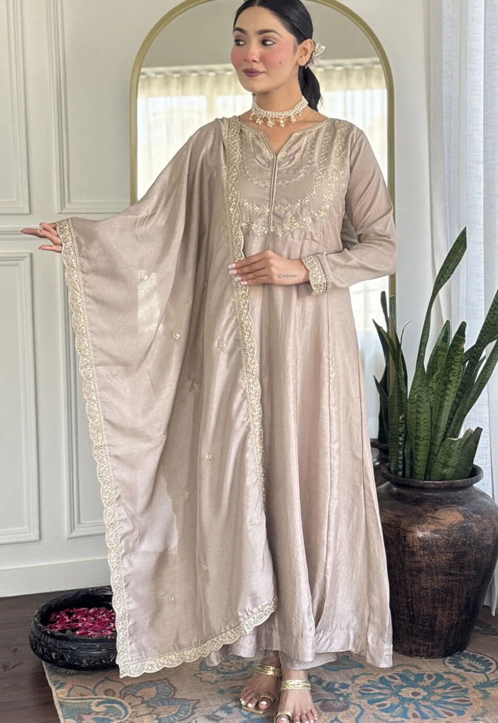 Embroidered Art Silk A Line Suit in Beige