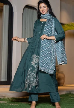 Embroidered Art Silk A Line Suit in Dark Teal Blue