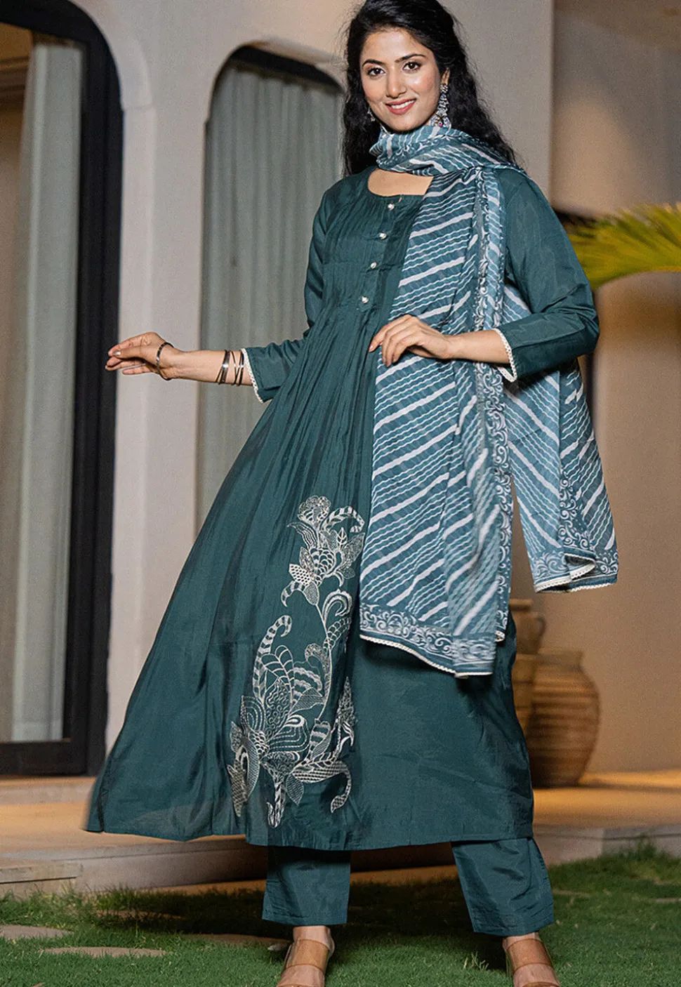 Embroidered Art Silk A Line Suit in Dark Teal Blue