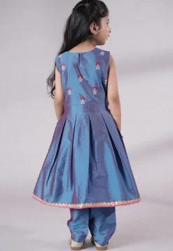 Embroidered Art Silk A Line Suit in Teal Blue
