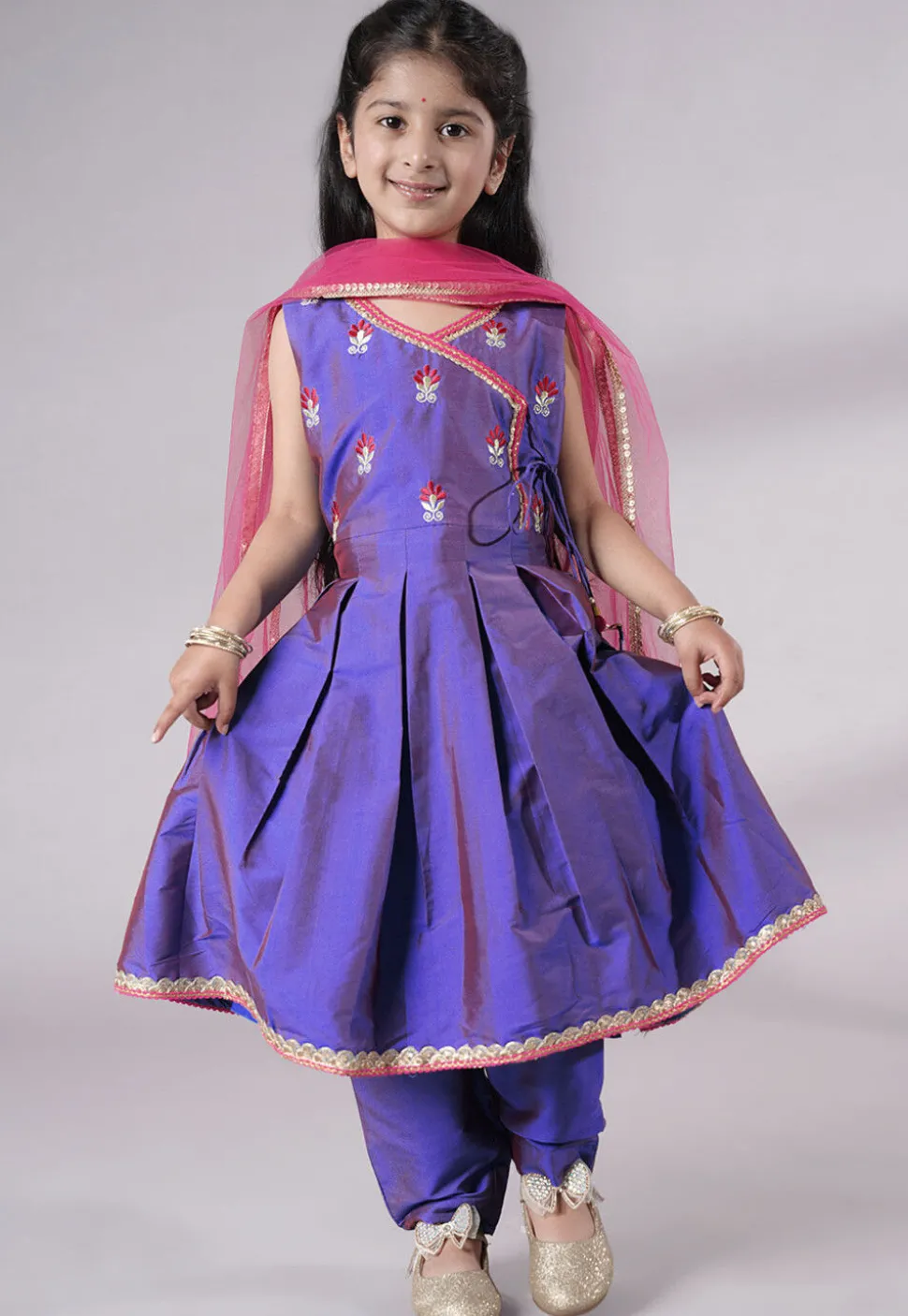 Embroidered Art Silk A Line Suit in Purple