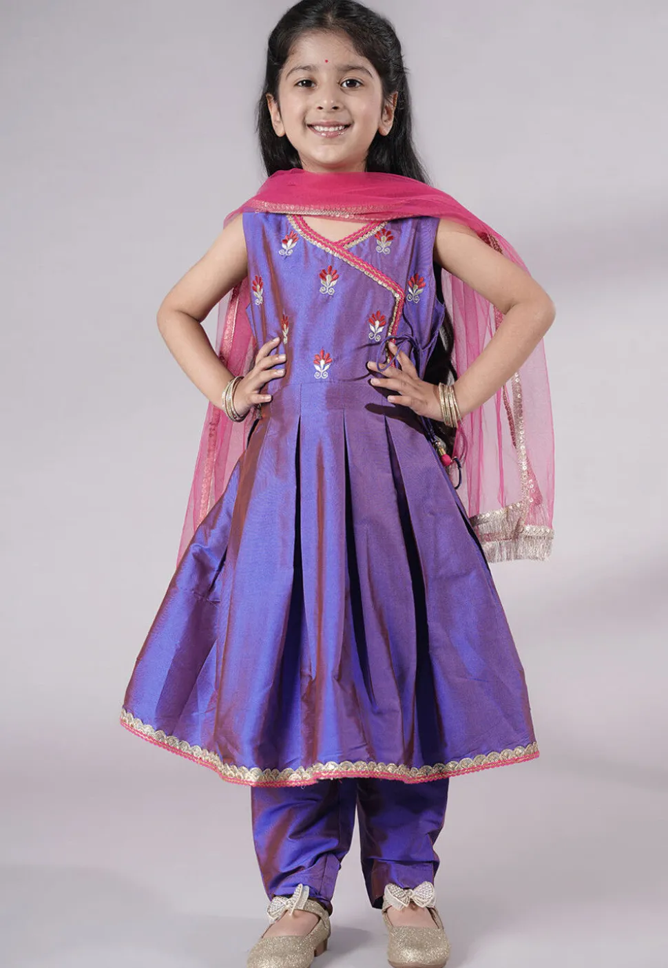 Embroidered Art Silk A Line Suit in Purple