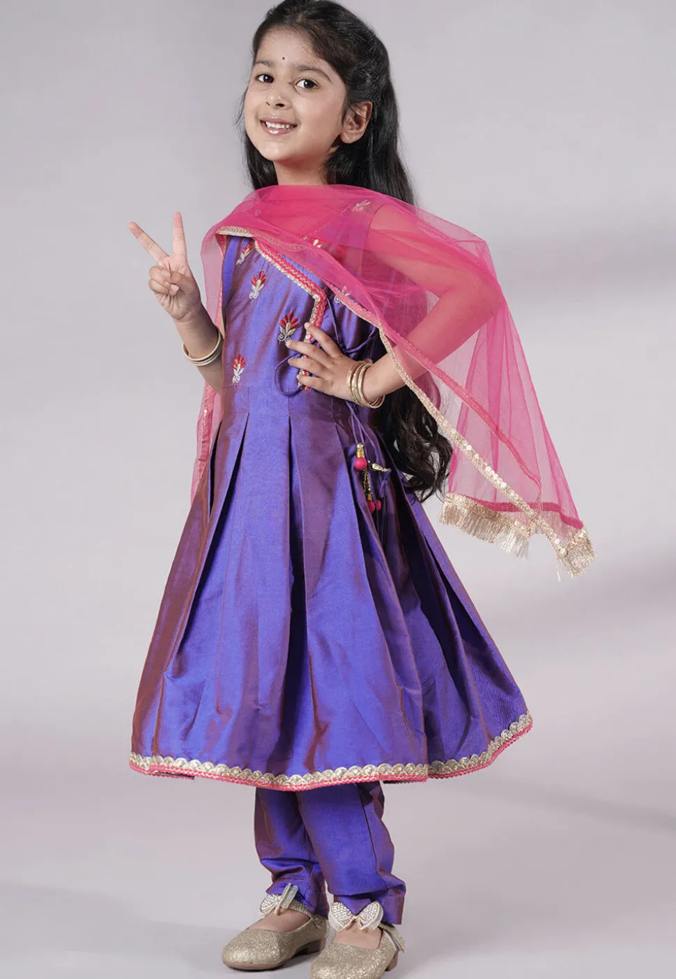 Embroidered Art Silk A Line Suit in Purple