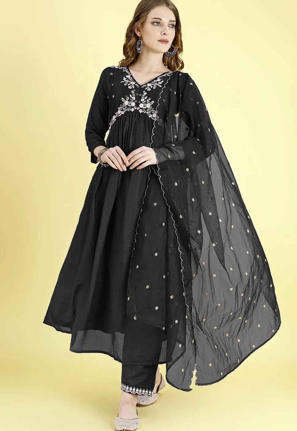Embroidered Art Silk A Line Suit in Black