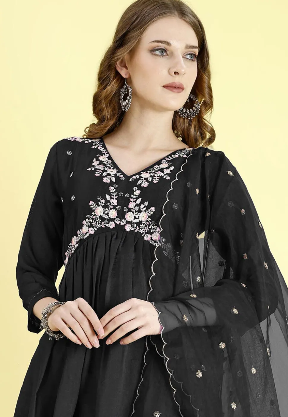 Embroidered Art Silk A Line Suit in Black