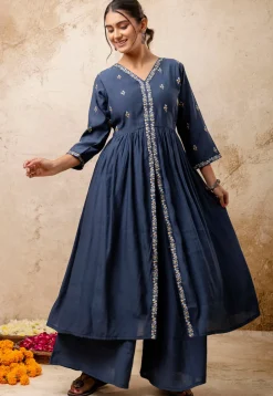Embroidered Art Silk A Line Suit in Dusty Blue