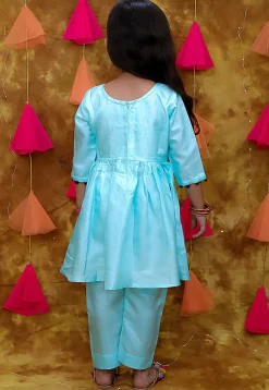 Embroidered Art Silk A Line Kurta Set in Blue