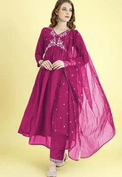 Embroidered Art Silk A Line Suit in Fuchsia