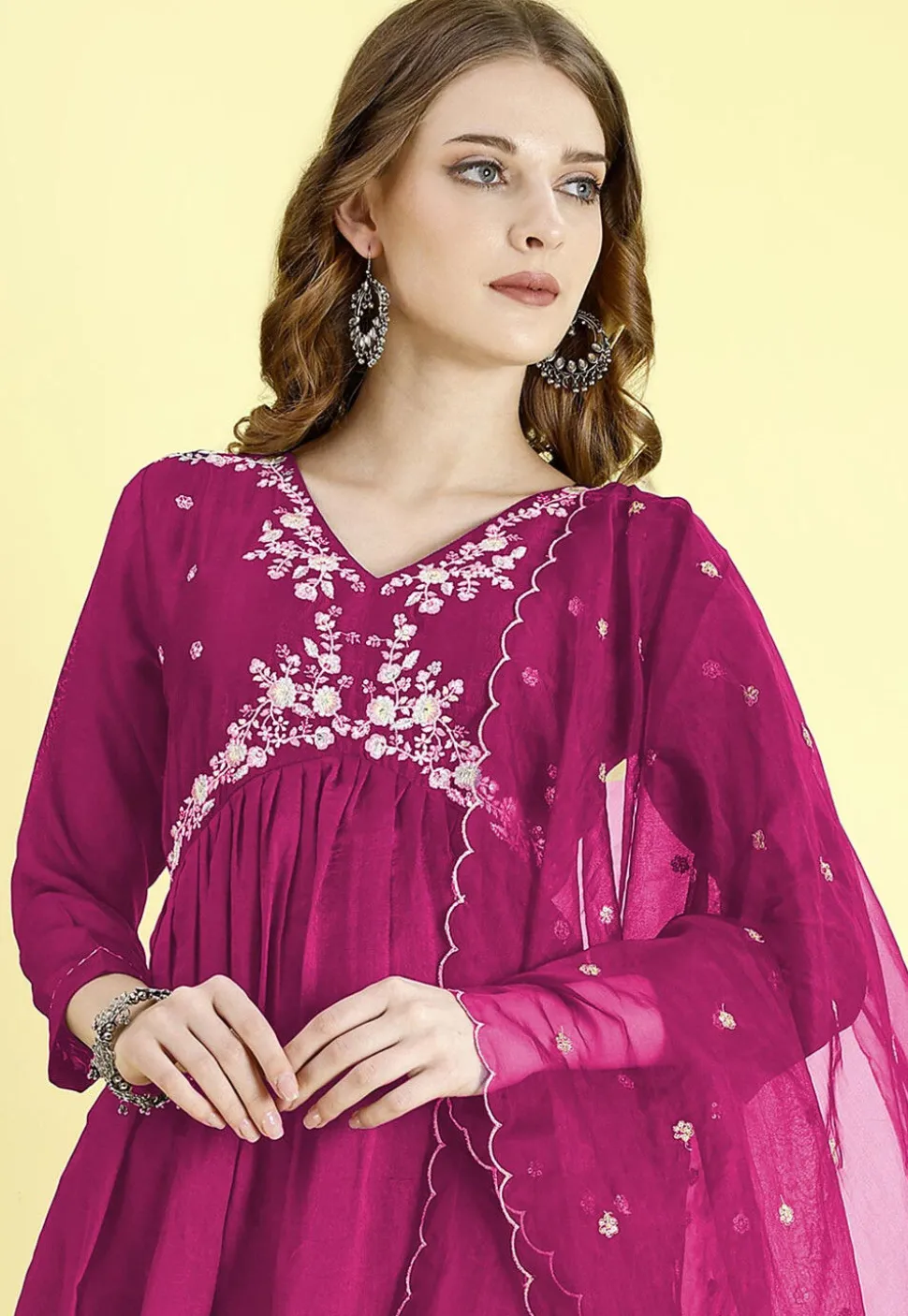 Embroidered Art Silk A Line Suit in Fuchsia