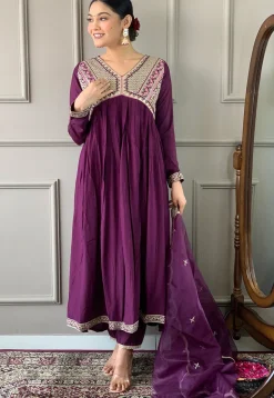 Embroidered Art Silk A Line Suit in Wine