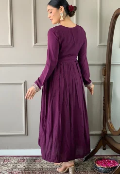 Embroidered Art Silk A Line Suit in Wine