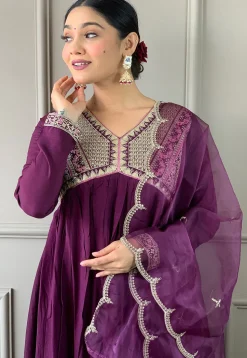 Embroidered Art Silk A Line Suit in Wine
