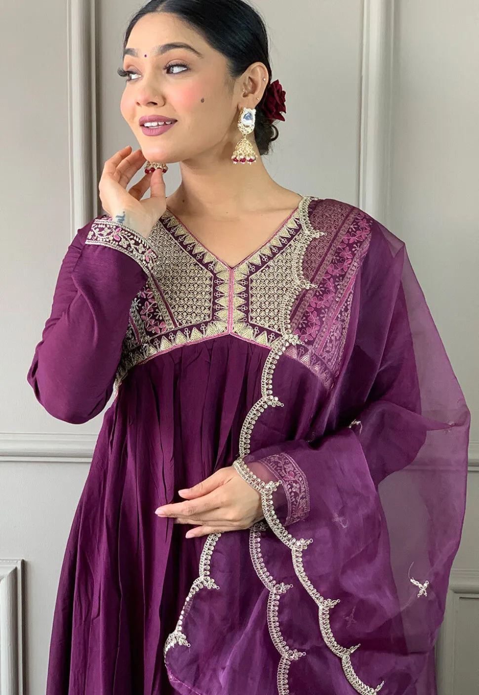 Embroidered Art Silk A Line Suit in Wine