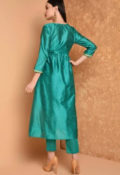 Embroidered Art Silk A Line Kurta Set in Teal Blue