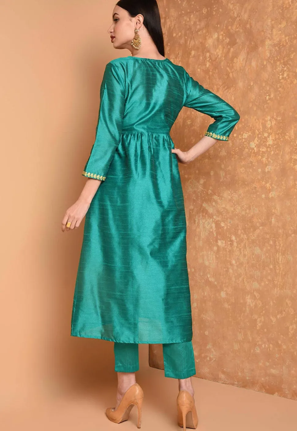Embroidered Art Silk A Line Kurta Set in Teal Blue