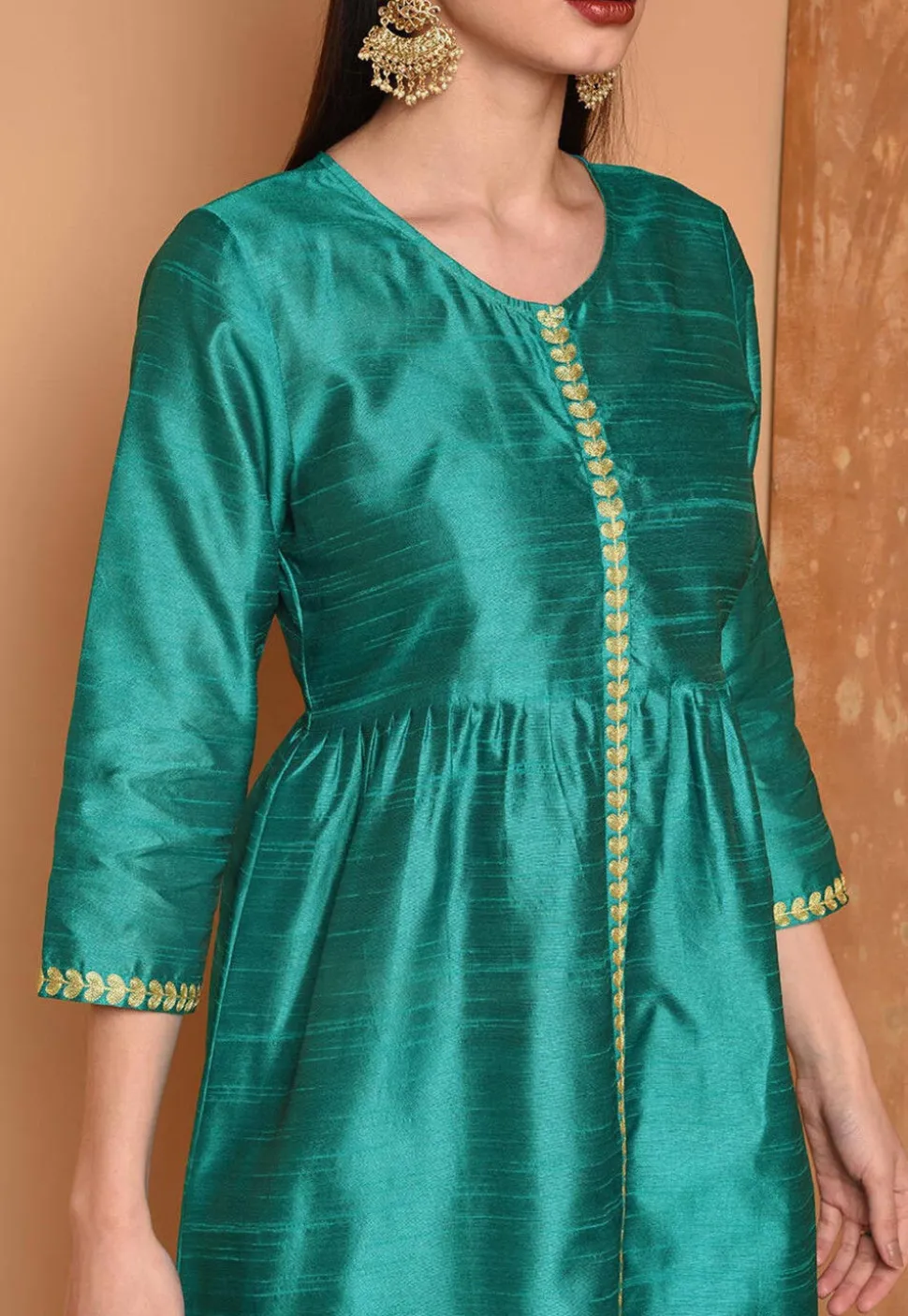 Embroidered Art Silk A Line Kurta Set in Teal Blue