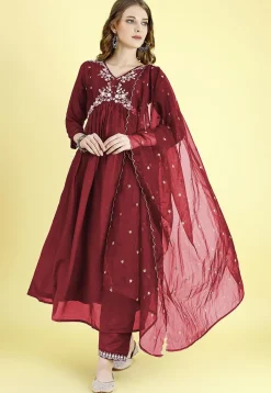 Embroidered Art Silk A Line Suit in Maroon