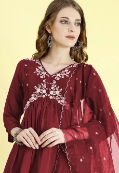 Embroidered Art Silk A Line Suit in Maroon