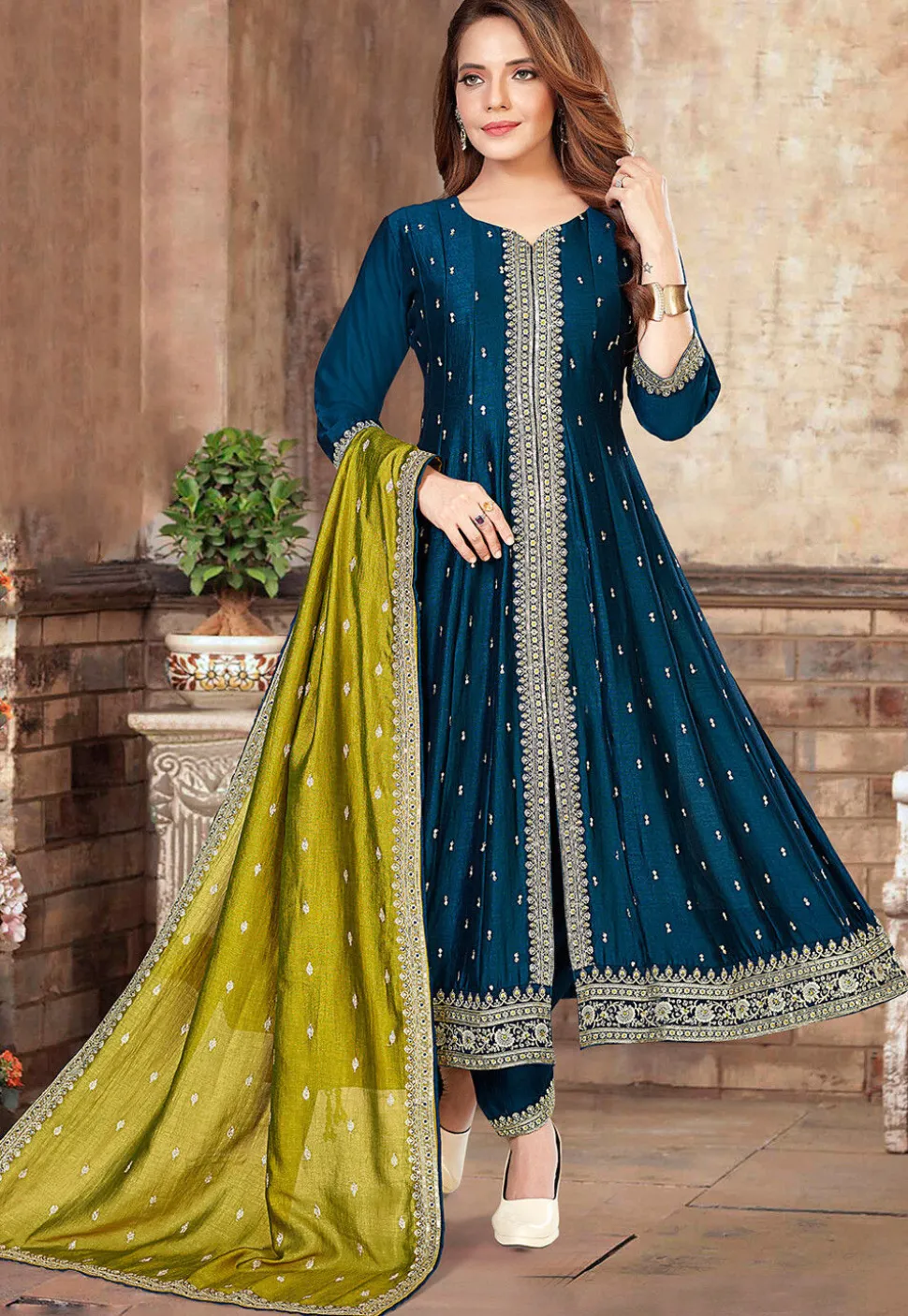 Embroidered Art Silk A Line Suit in Teal Blue