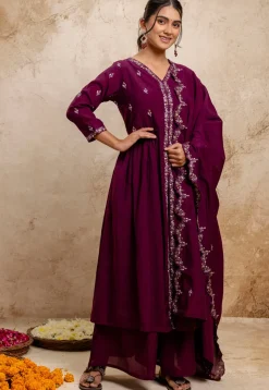 Embroidered Art Silk A Line Suit in Violet