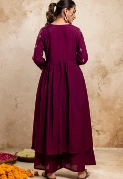 Embroidered Art Silk A Line Suit in Violet