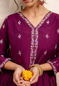 Embroidered Art Silk A Line Suit in Violet