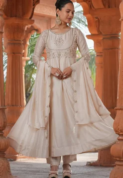 Embroidered Art Silk A Line Suit in Cream