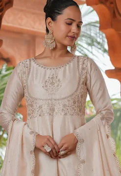 Embroidered Art Silk A Line Suit in Cream