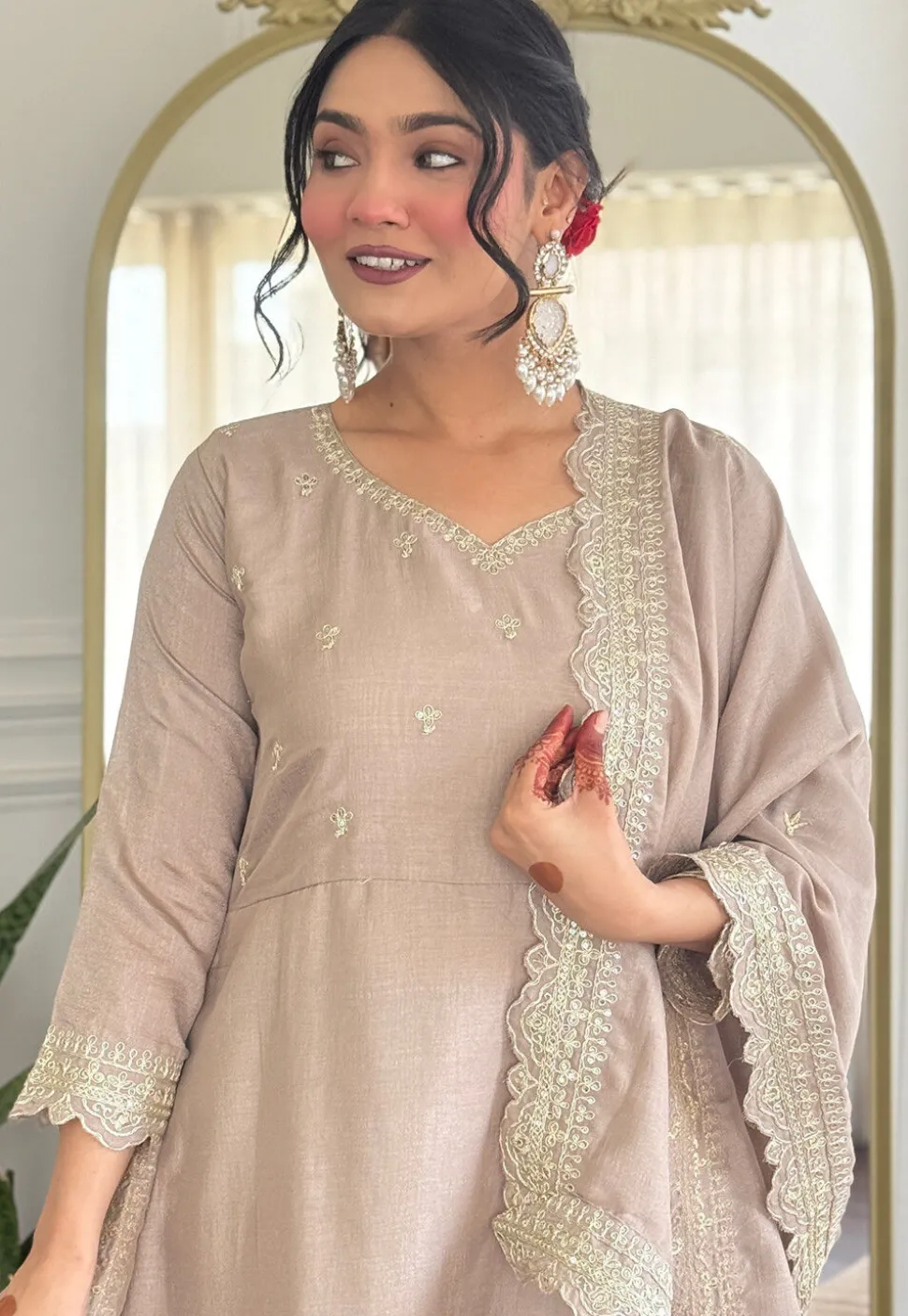 Embroidered Art Silk A Line Suit in Fawn