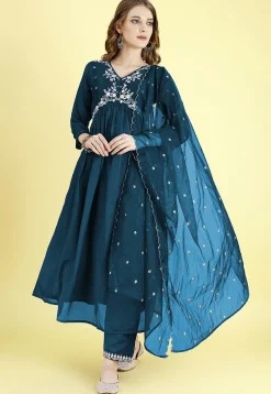 Embroidered Art Silk A Line Suit in Teal Blue