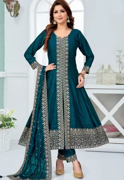 Embroidered Art Silk A Line Suit in Teal Blue