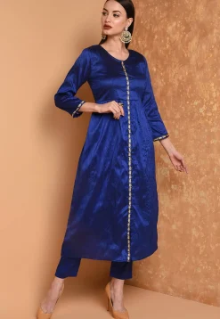 Embroidered Art Silk A Line Kurta Set in Royal Blue