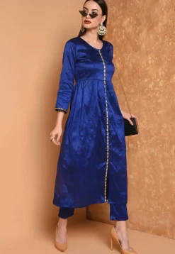 Embroidered Art Silk A Line Kurta Set in Royal Blue