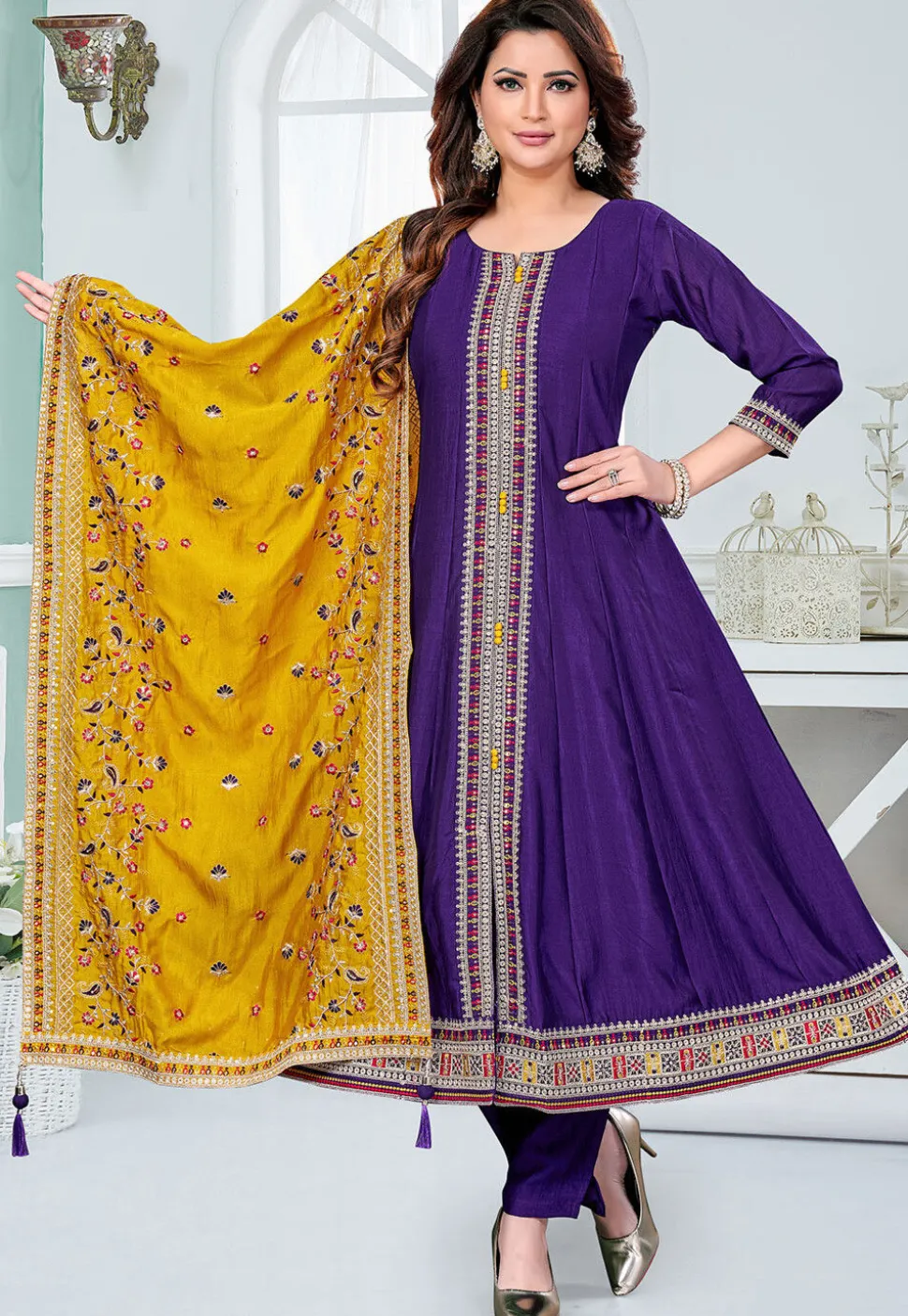 Embroidered Art Silk A Line Suit in Purple