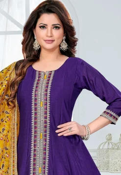 Embroidered Art Silk A Line Suit in Purple
