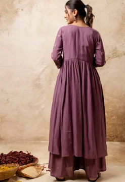 Embroidered Art Silk A Line Suit in Dusty Purple