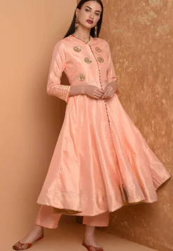 Embroidered Art Silk A Line Kurta Set in Peach