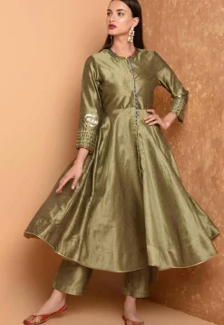 Embroidered Art Silk A Line Kurta Set in Dusty Green