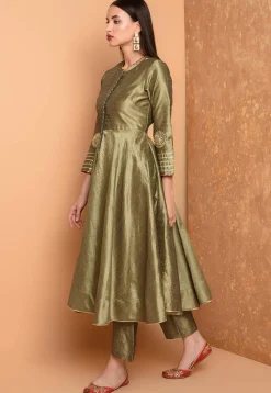 Embroidered Art Silk A Line Kurta Set in Dusty Green