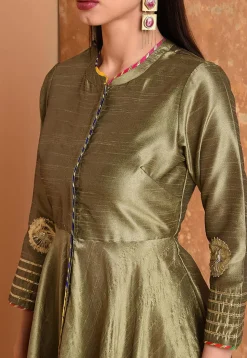 Embroidered Art Silk A Line Kurta Set in Dusty Green
