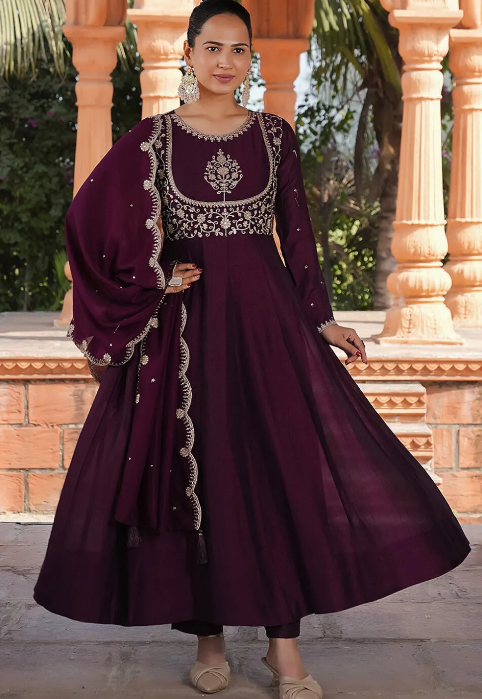 Embroidered Art Silk A Line Suit in Purple