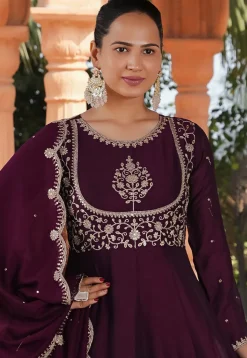 Embroidered Art Silk A Line Suit in Purple