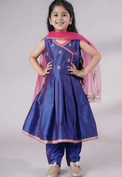 Embroidered Art Silk A Line Suit in Blue