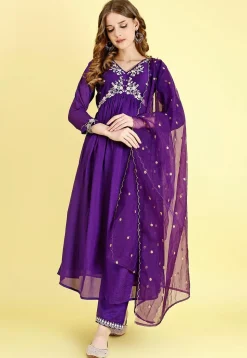 Embroidered Art Silk A Line Suit in Purple