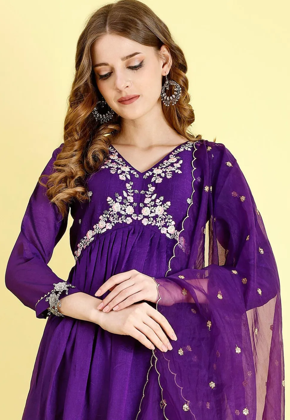 Embroidered Art Silk A Line Suit in Purple