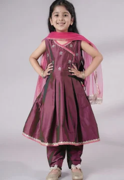 Embroidered Art Silk A Line Suit in Wine